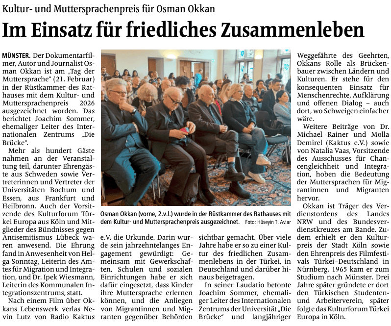 Auszeichnung für Brückenbauer: Osman Okkan erhält Kultur- und Muttersprachenpreis 2026